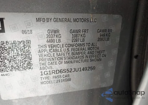 2018 Chevrolet Volt Premier из США, поврежденный, VIN 1G1RD6S52JU149259